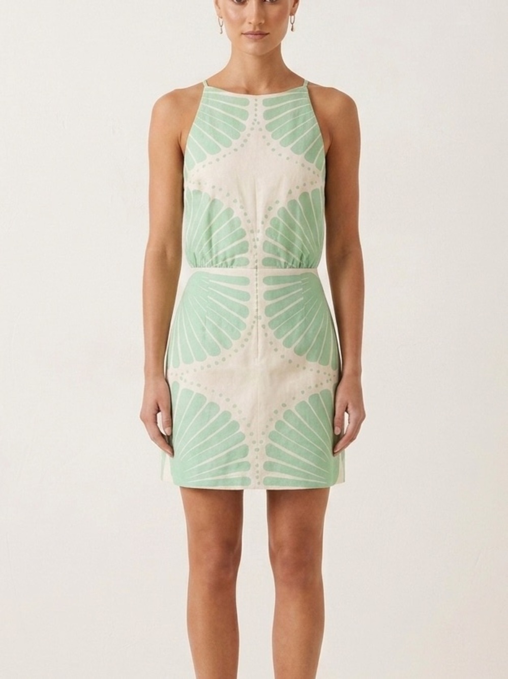 MON RENN Harmony Botanical Shell Print Mini Dress Sage Green White Small